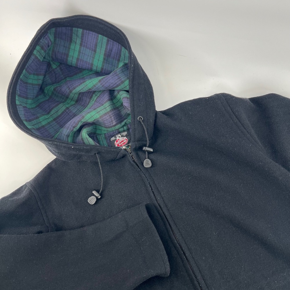 Johnson Woolen Mills Mens Black Wool Zip Up Hooded Jacket Plaid Lined Vermont XL
